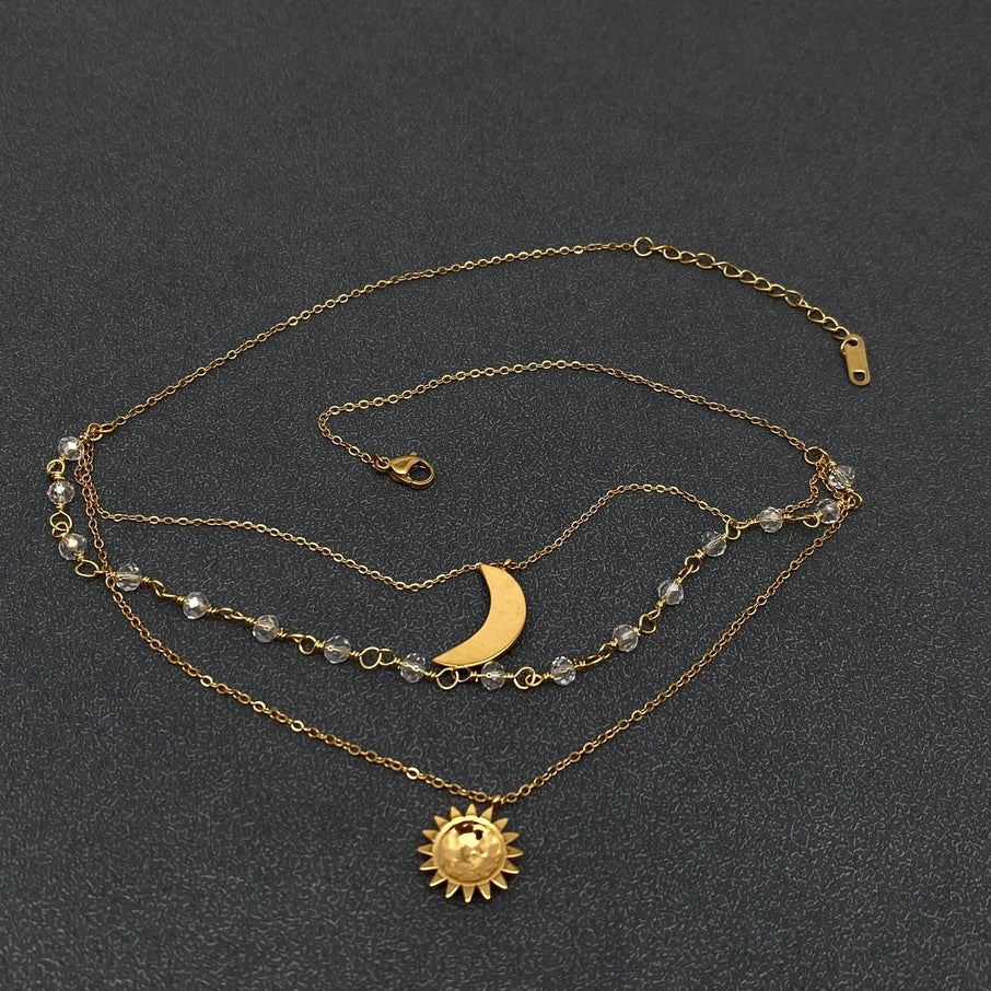 Sun Moon Charm 3 Layers Chain Necklace