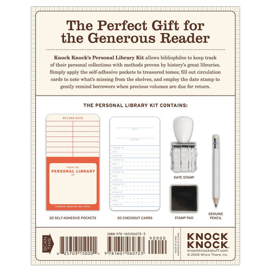 Knock Knock Personal Library Kit packaging with items and text on a white background