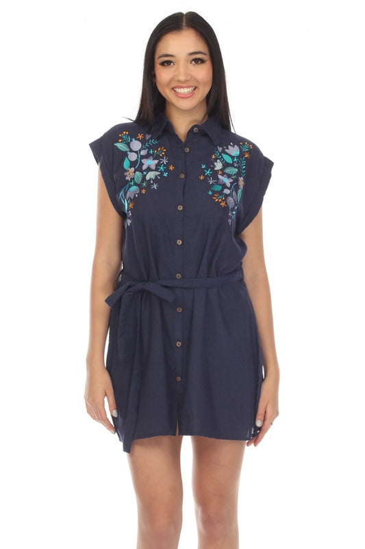 Floral embroidery button down dress