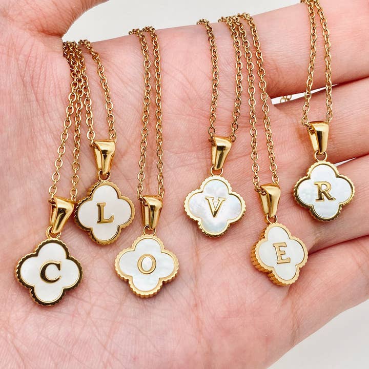 Clover Shell Initial Charm 18k Gold plated Stainless Steel Necklace