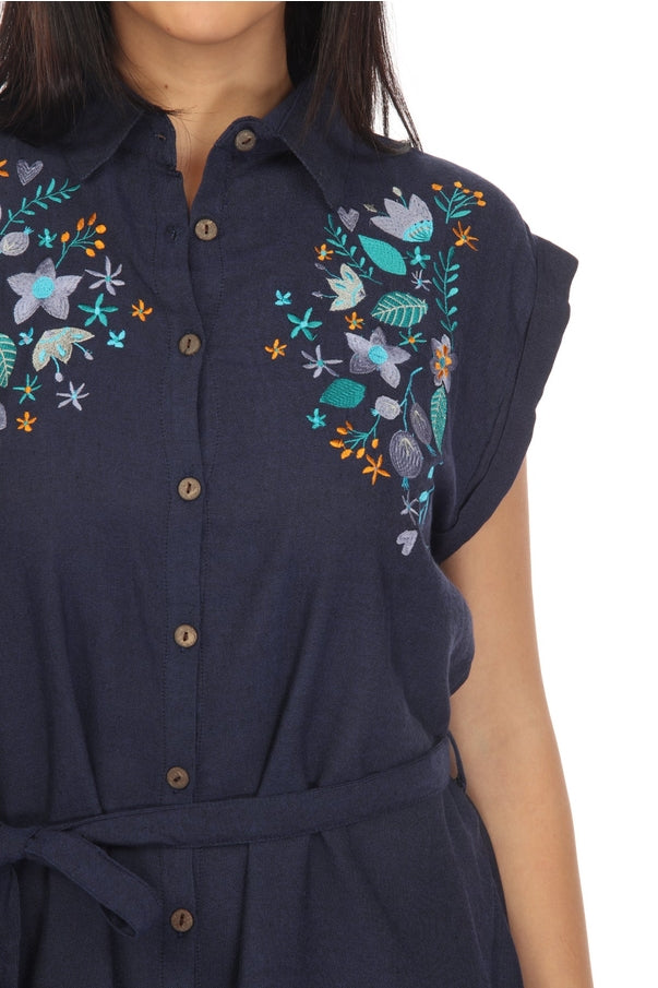 Floral embroidery button down dress
