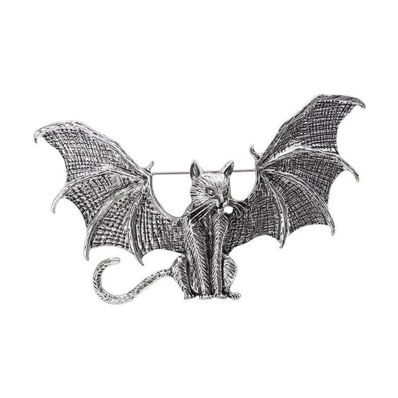 Winged cat brooch, bat-shaped flying cat pin