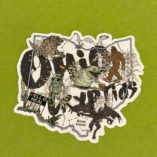Collage of various creatures and text on a green background