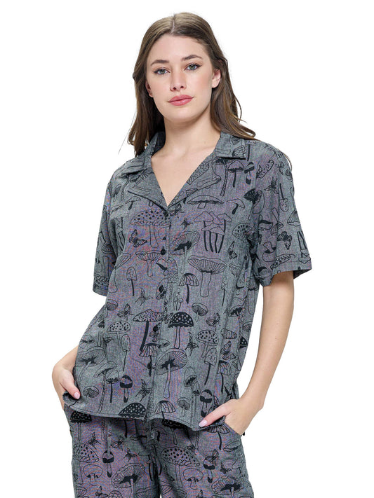 Button up Mushroom Print Unisex Blouse Shirt