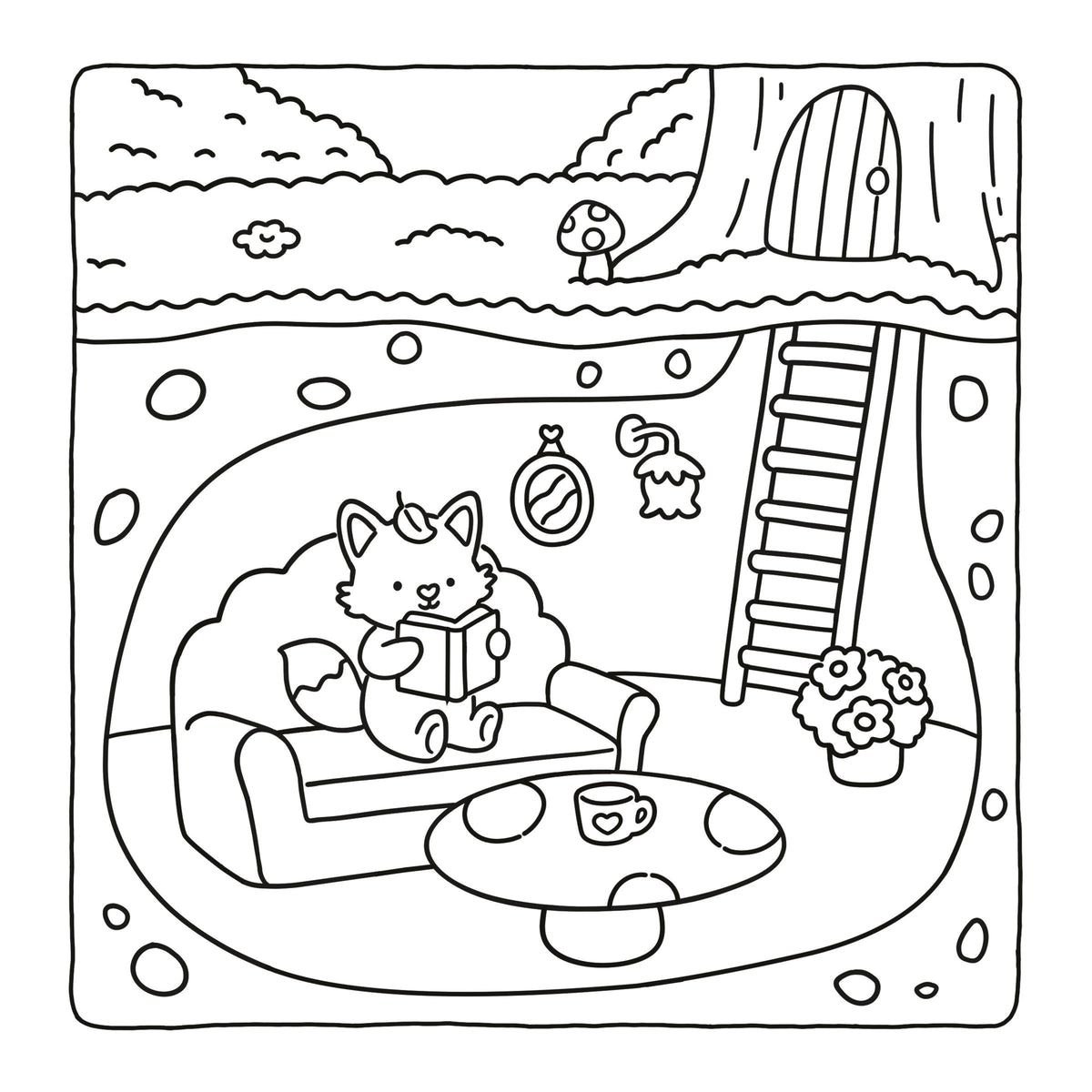 Black and white line art illustration of a cozy fantasy room scene with a fox sitting on a couch and reading, shown on a white page background.