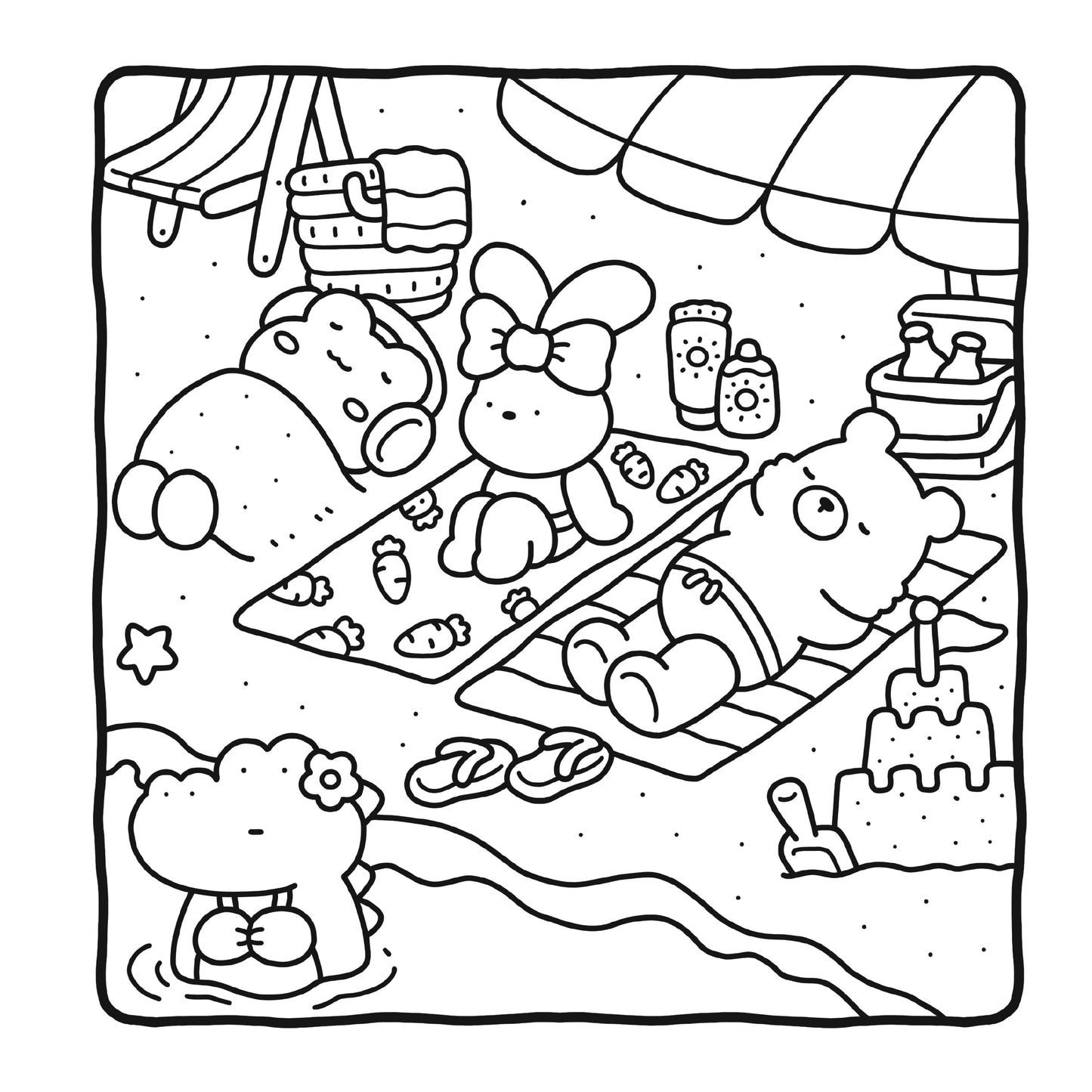 Black and white line drawing of a beach scene with cartoon characters and items.