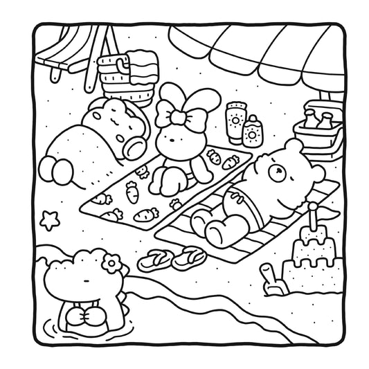 Black and white line drawing of a beach scene with cartoon characters and items.