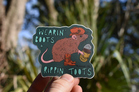 Wearin Boots Rippin Toots cowboy rat sticker
