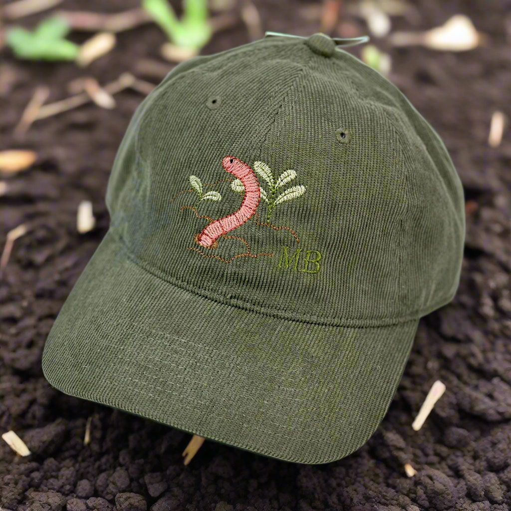 Worm hat - embroidered green corduroy baseball cap