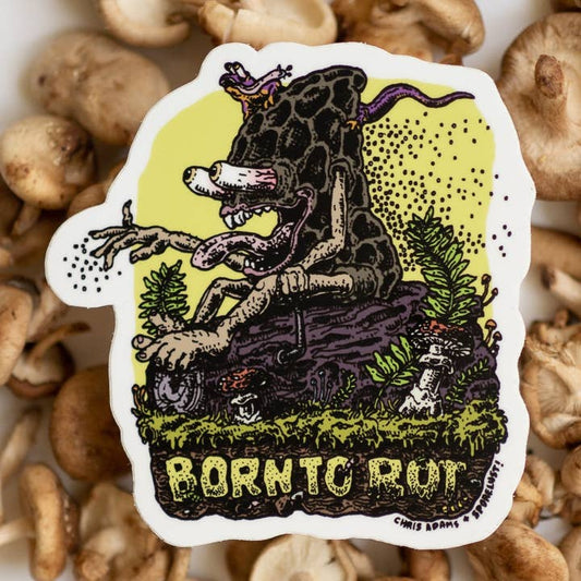 Sticker with a bear design and 'Born to Run' text on a background of mushrooms