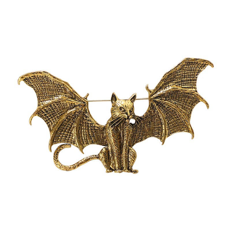 Winged cat brooch, bat-shaped flying cat pin