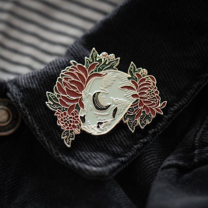 Cat Skull with Flowers enamel pin
