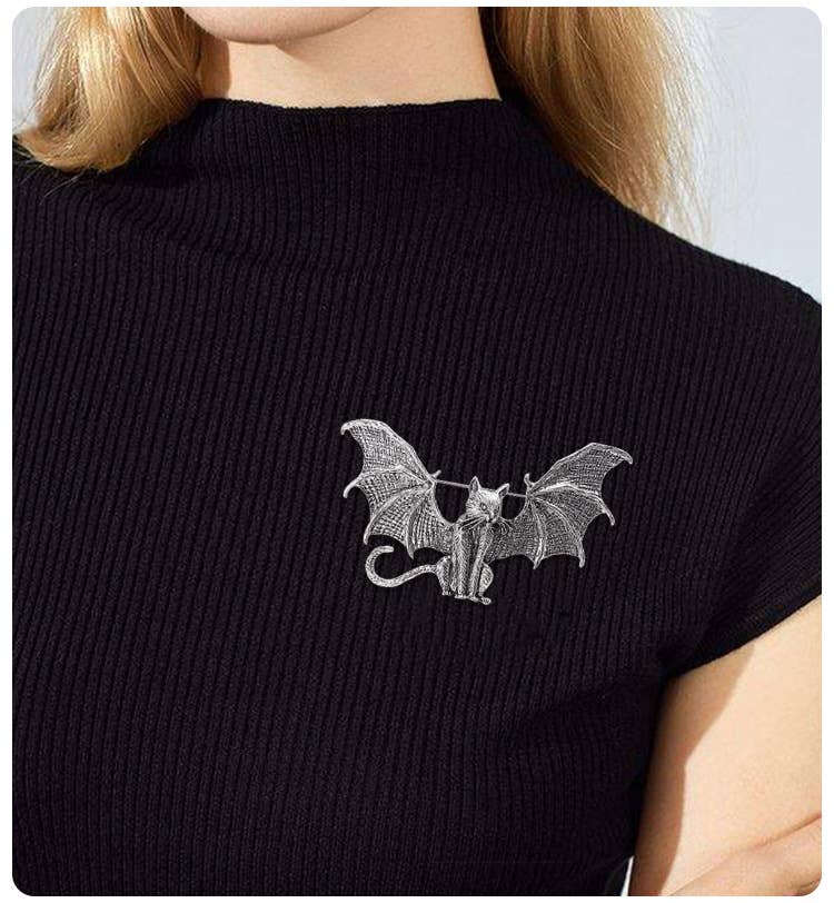 Winged cat brooch, bat-shaped flying cat pin