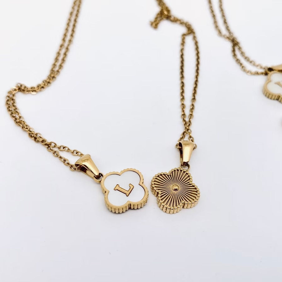 Clover Shell Initial Charm 18k Gold plated Stainless Steel Necklace