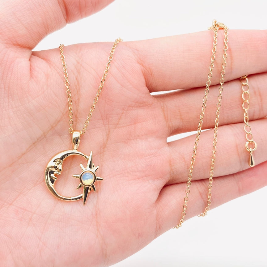 Crescent moon and star opalite necklace