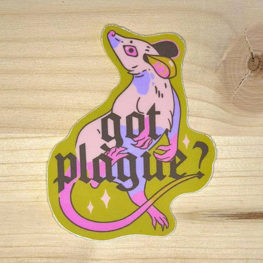 vinyl sticker of a rat with words got plague?
