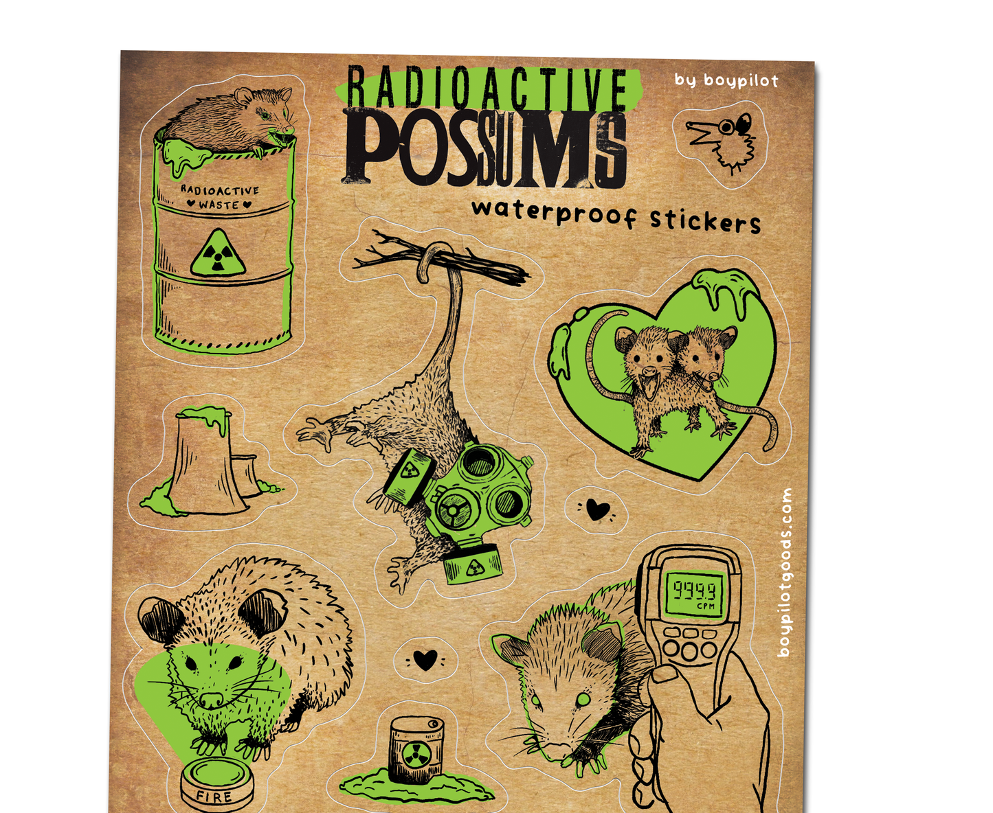 Radioactive Possums Sticker Sheet - Waterproof Vinyl