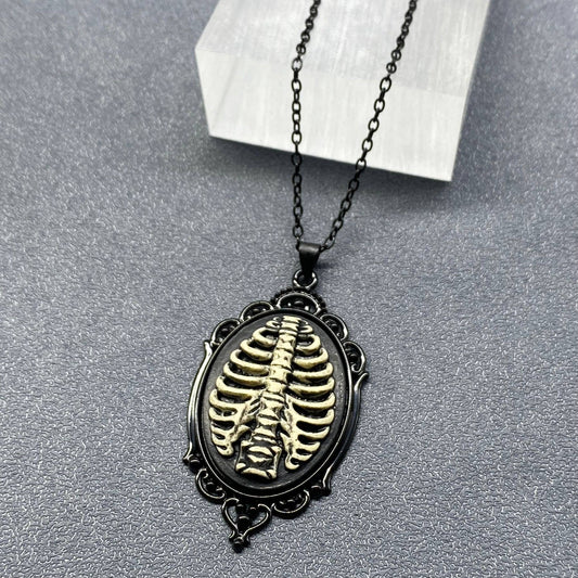 Gothic Style Ribcage bones Pendant Black Necklace