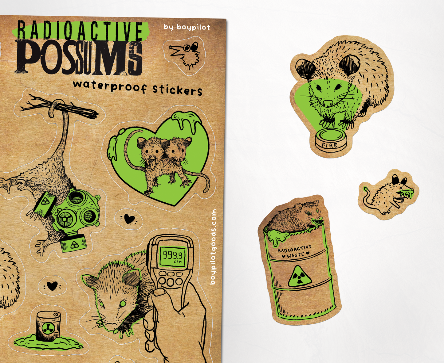 Radioactive Possums Sticker Sheet - Waterproof Vinyl