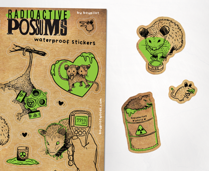 Radioactive Possums Sticker Sheet - Waterproof Vinyl