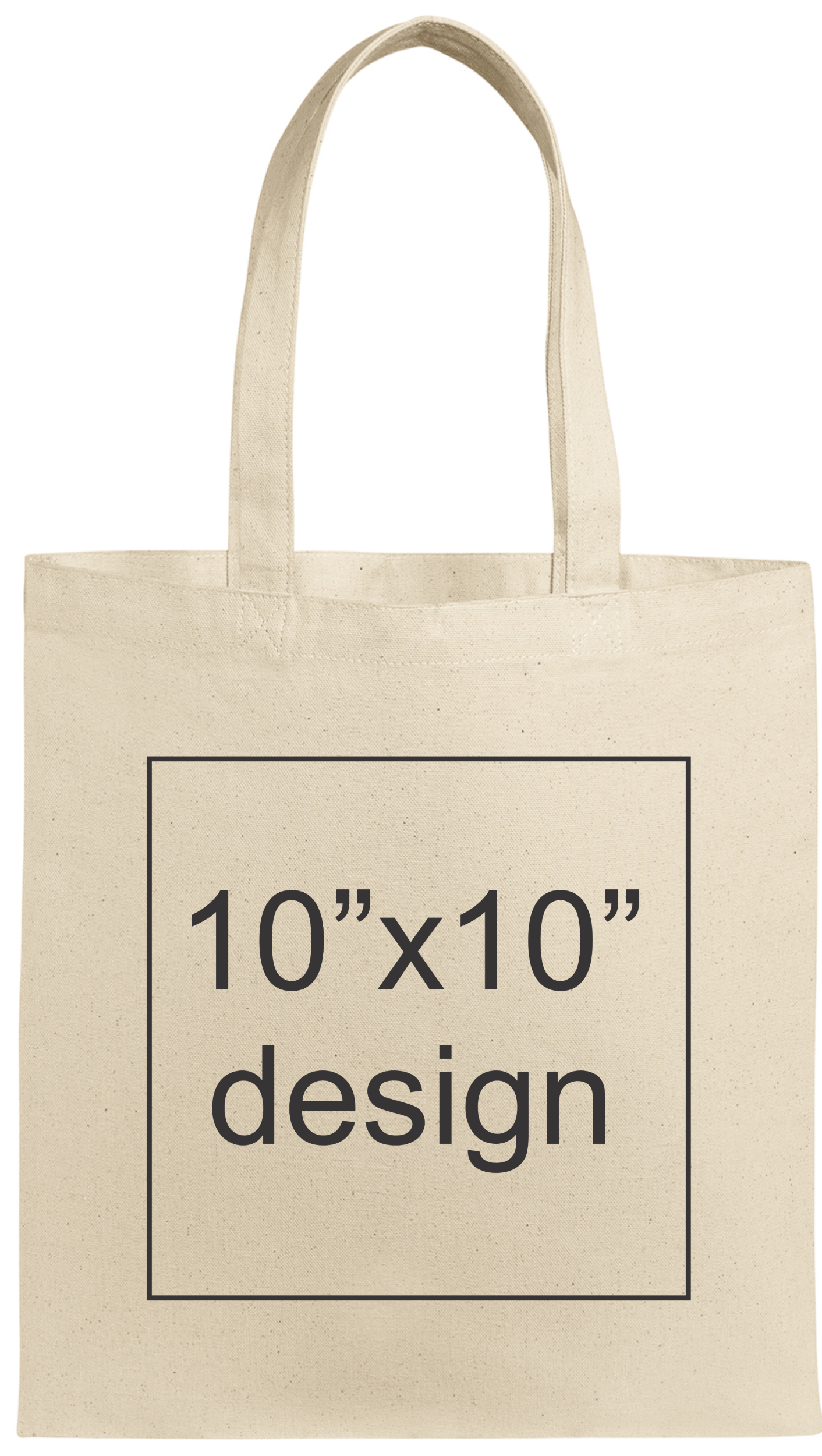 Beige tote bag with text '10"x10" design' on a white background