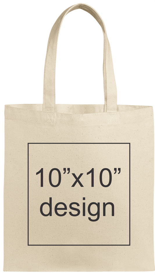 Beige tote bag with text '10"x10" design' on a white background