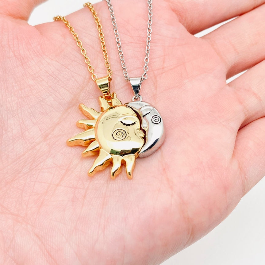 Sun and Moon's kiss couples bff necklace set