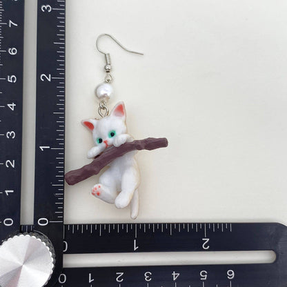 Cute Branch White Cat Charm Dangle Earrings