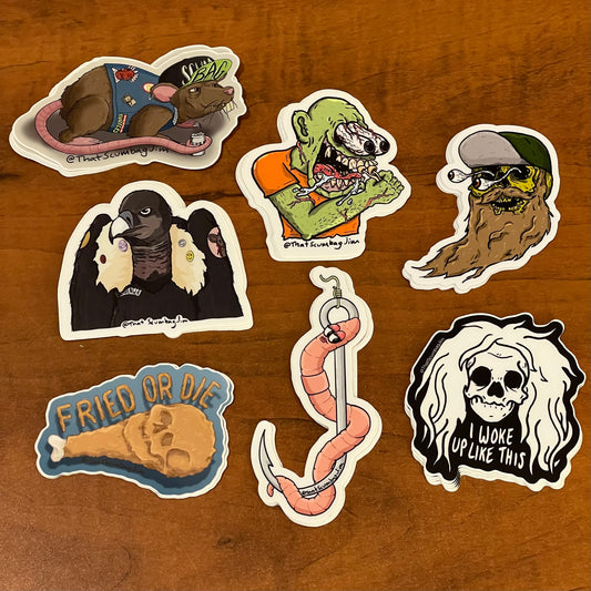 Set of six stylized stickers on a wooden surface