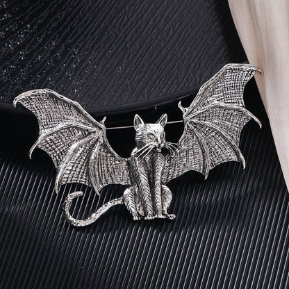 Winged cat brooch, bat-shaped flying cat pin
