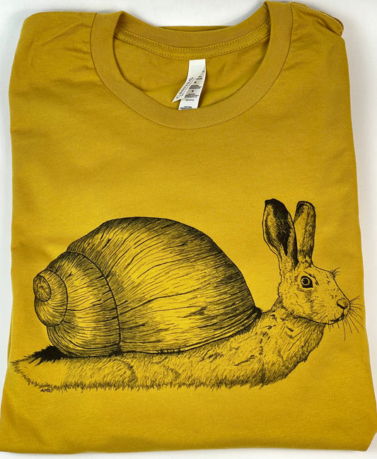 Yellow t-shirt with a black snail and rabbit illustration on a white background
