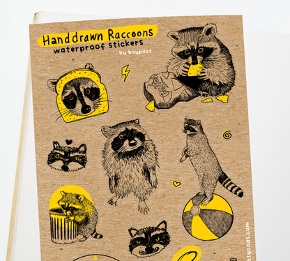 Hand-Drawn Raccoons Sticker Sheet - Waterproof Vinyl