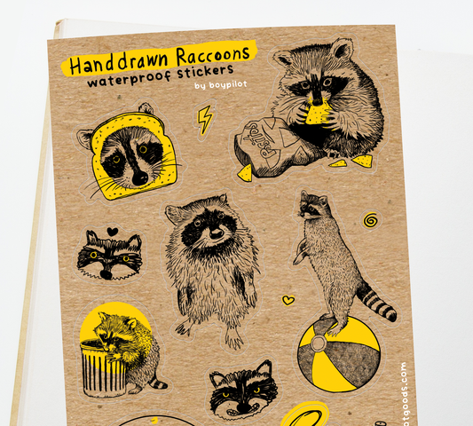 Hand-Drawn Raccoons Sticker Sheet - Waterproof Vinyl