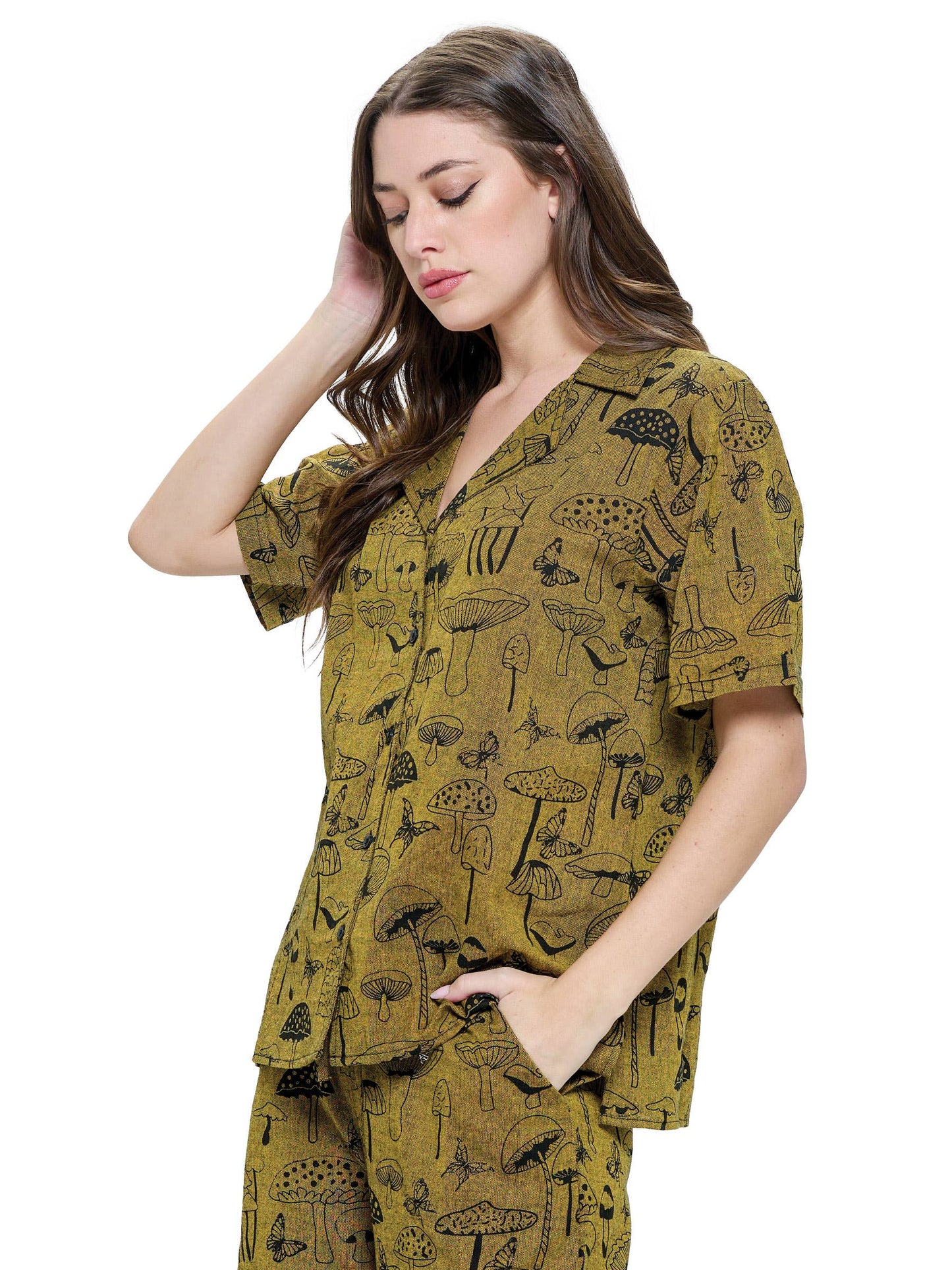 Button up Mushroom Print Unisex Blouse Shirt