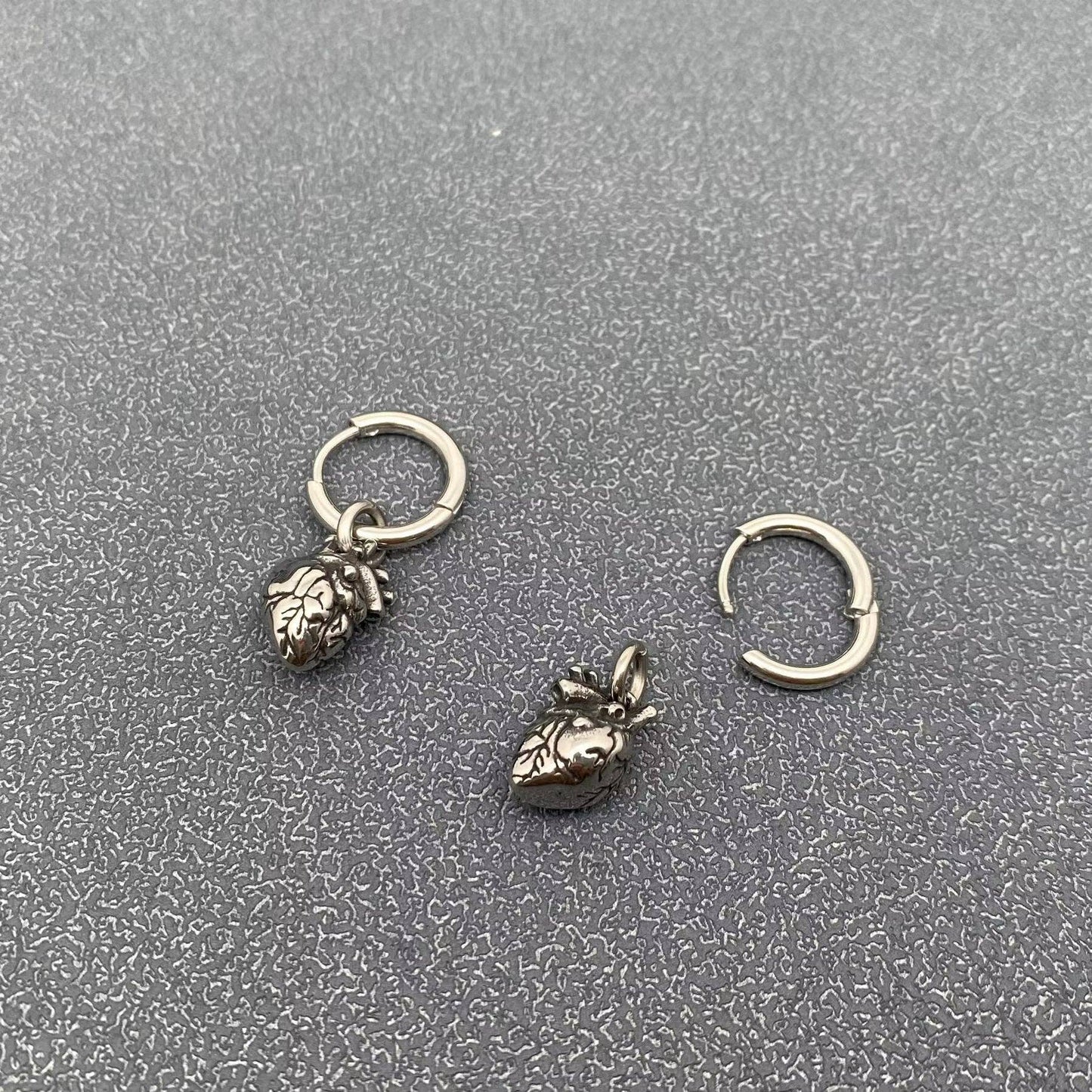 Gothic Anatomical Heart Charm Stainless Steel Huggie Earrings