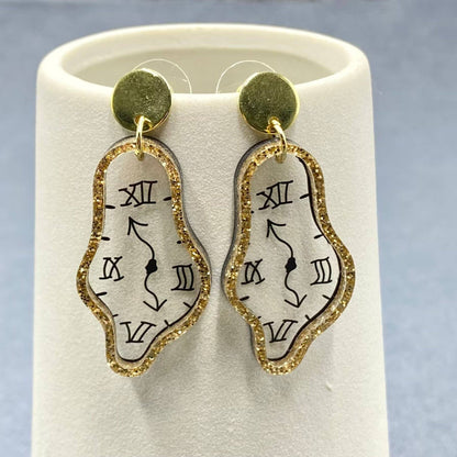Time Flies Geometric Acrylic melting Clock Dangle Earrings