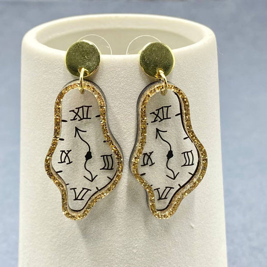 Time Flies Geometric Acrylic melting Clock Dangle Earrings