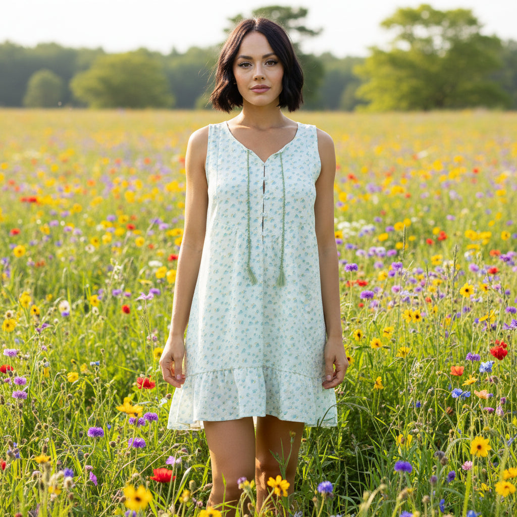 Woman wearing a light green sleeveless dress with a floral field background
