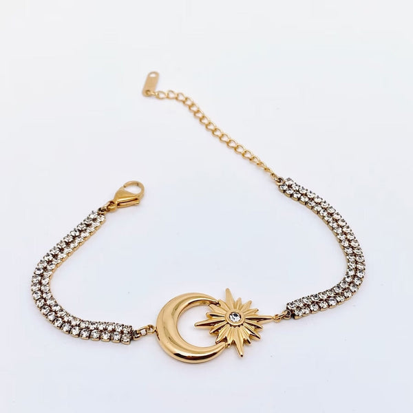 18k gold plated Star Moon charm cubic zirconia bracelet