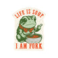 Illustration of a frog with a bowl of soup and text 'Life is Soup, I am Fork' on a white background