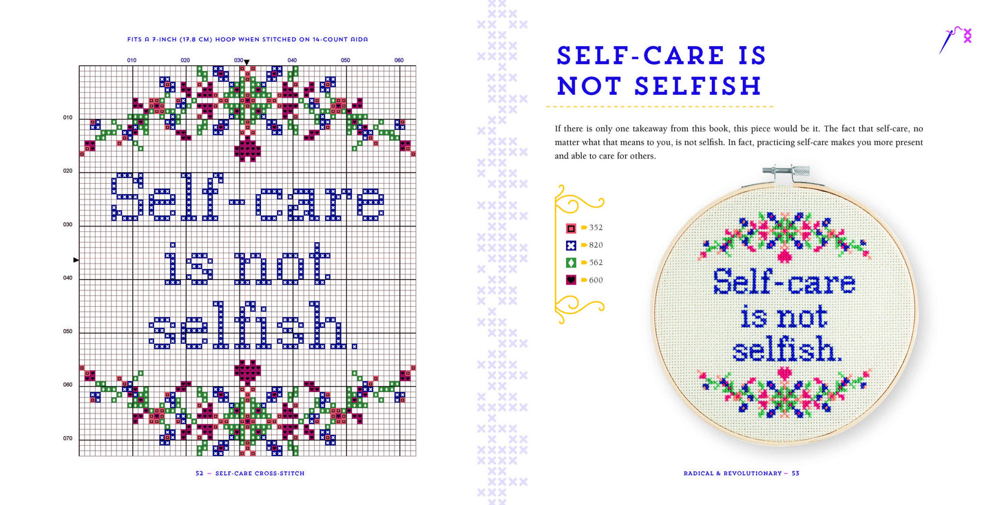Cross-stitch pattern with 'Self-care is not selfish' text and an embroidered hoop with the same message.