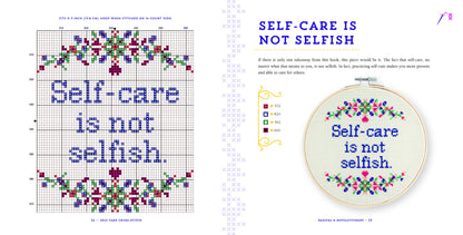 Cross-stitch pattern with 'Self-care is not selfish' text and an embroidered hoop with the same message.