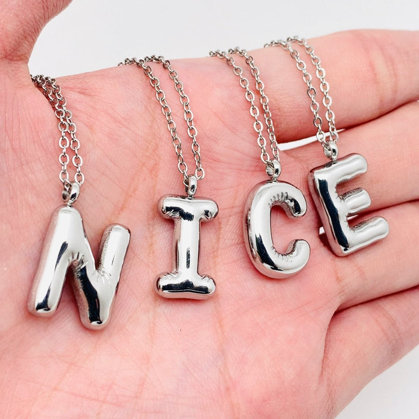 Alphabet necklace bubble letters silver