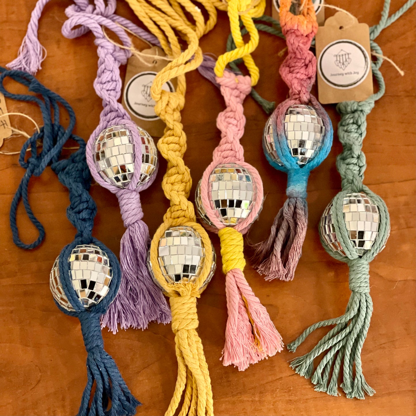 Macramé disco ball car charm mirror wall hangys