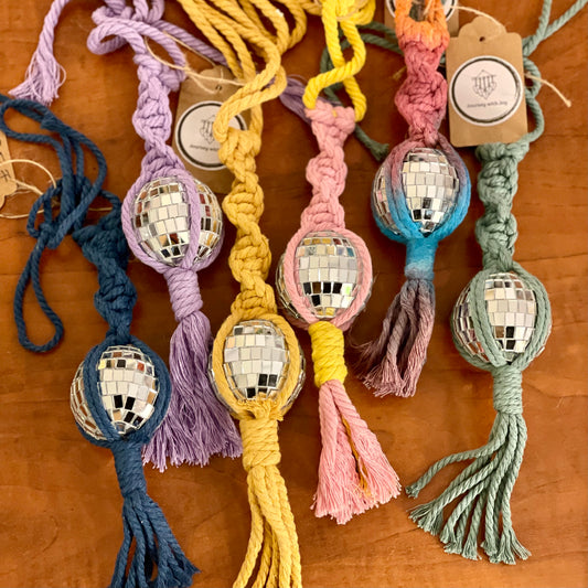 Macramé disco ball car charm mirror wall hangys