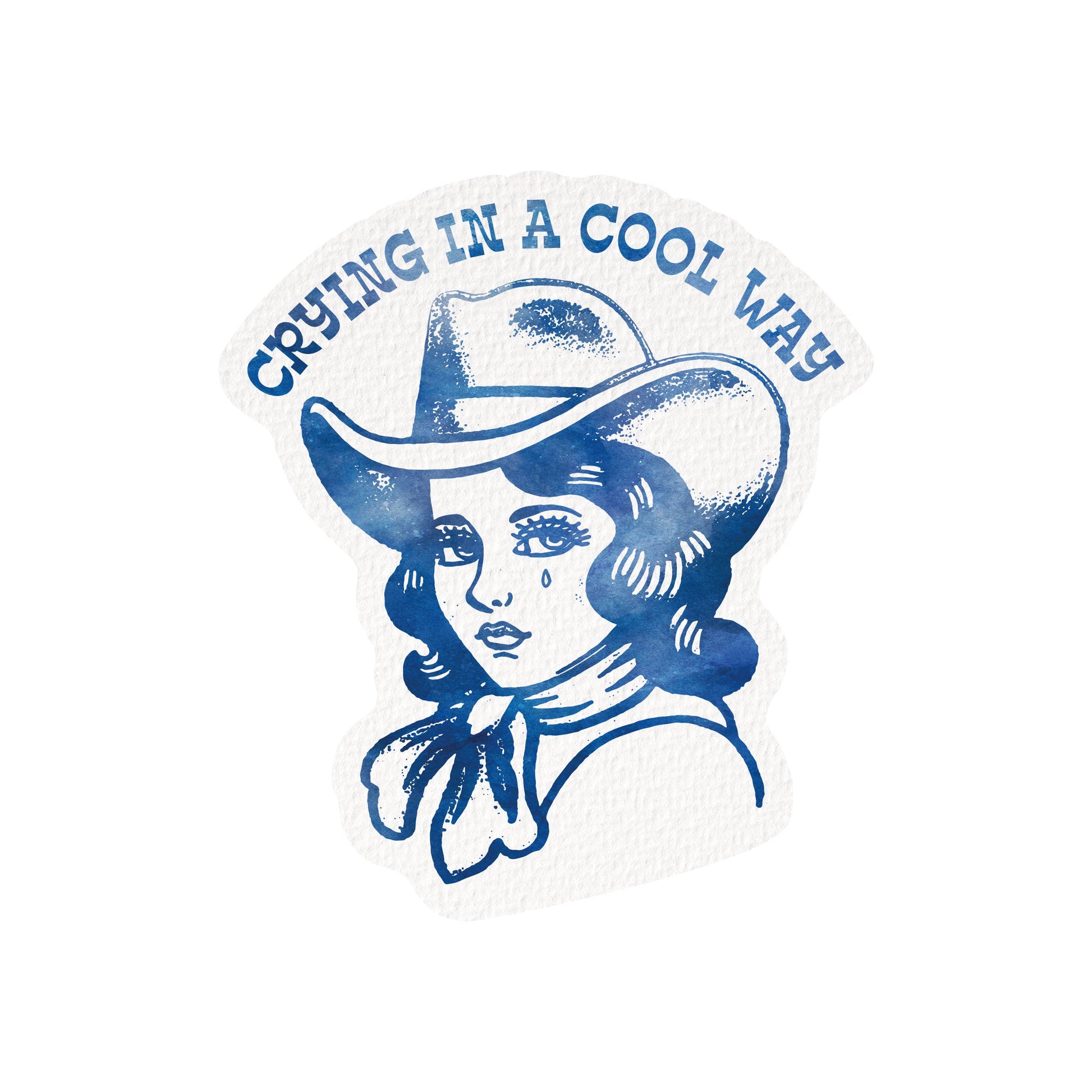 Sticker with a design of a person wearing a cowboy hat and the text 'Crying in a Cool Way' on a white background.