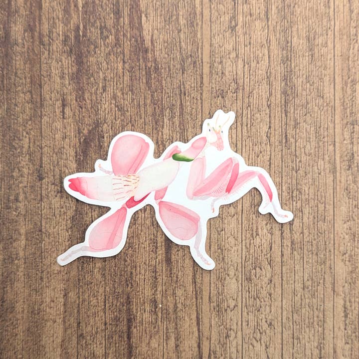 Sticker of a pink flower on a wooden surface