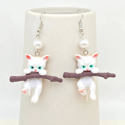 Cute Branch White Cat Charm Dangle Earrings
