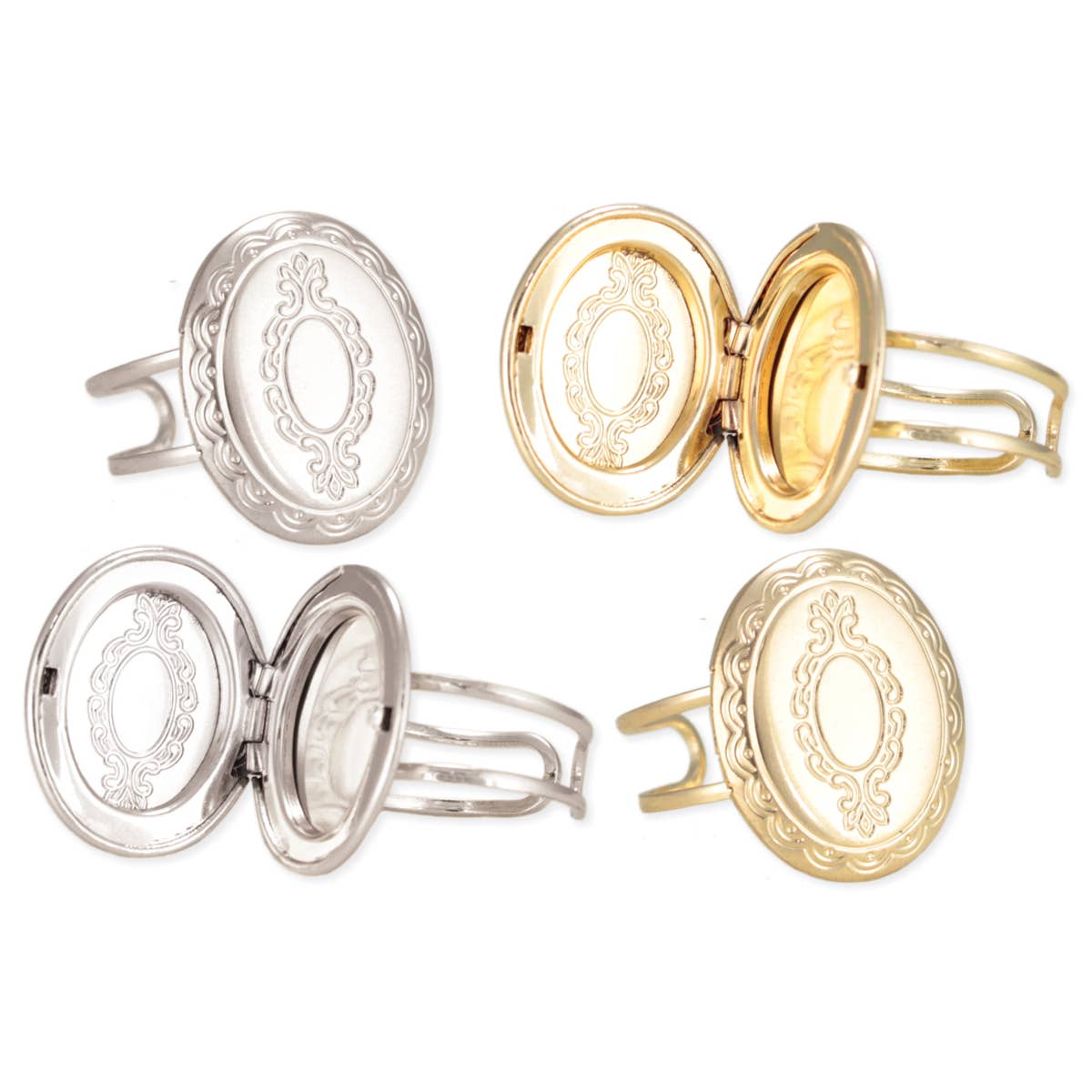 Two pairs of gold and silver hair clips with decorative centers on a white background