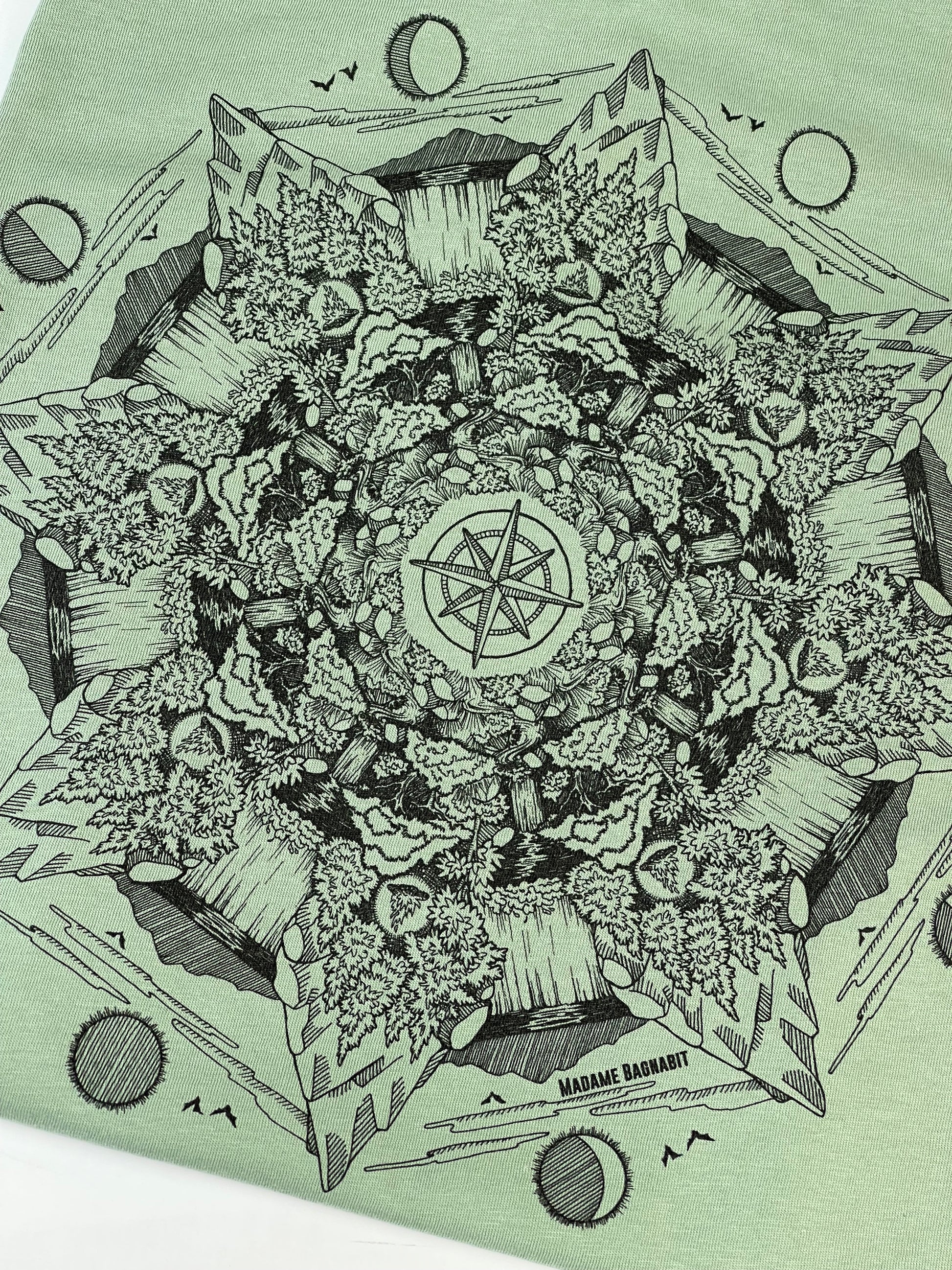 Mandala design with geometric patterns on a green background